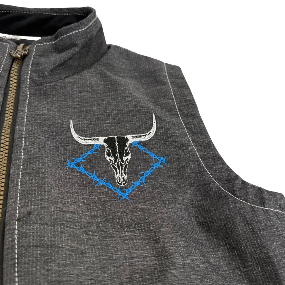 Cowboy Hardware Kids Charcoal Grey Longhorn Skull Barbed Wire Zip Vest L 10/12 - Picture 3 of 11